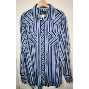 Wrangler Men's Blue/Green Striped Long Sleeve Snap Button Shirt Size 17.5/38 Tal